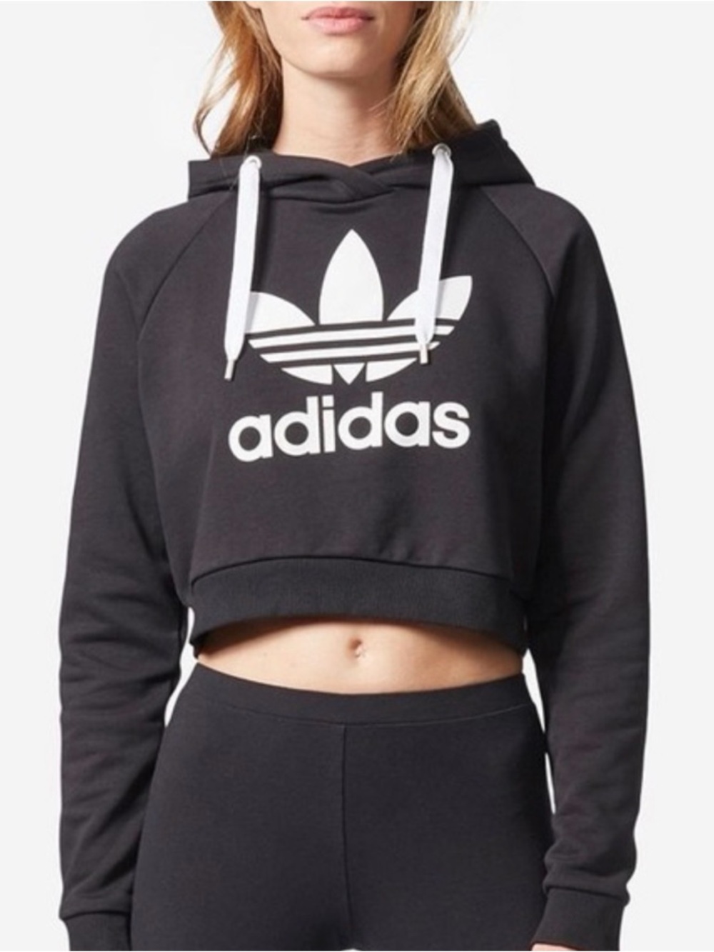 adidas Black Cropped Hoodie with White Trefoil Logo and Drawstrings